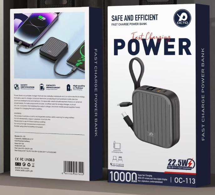 Octo OC-113 10,000mAh Ultra-Compact Power Bank – Fast Charging | Dual Output | Smart Safety Protection