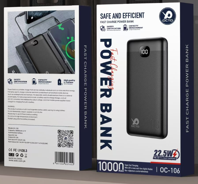 Octo OC-106 10,000mAh Power Bank – Fast Charging, Dual Output & Smart Safety Protection