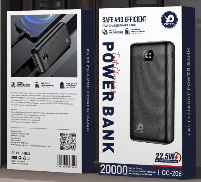 Octo OC-206 20,000mAh Power Bank – High-Capacity Fast Charging with Triple Output & Smart Protection