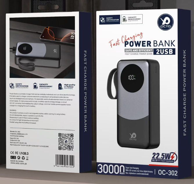 Octo OC-302 30,000mAh Power Bank – Ultra-High Capacity Dual Device Fast Charging